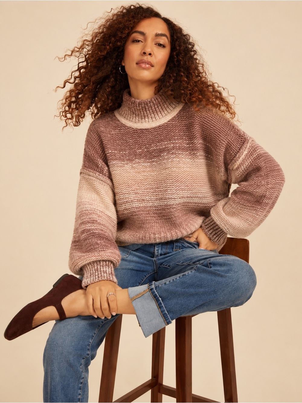 Market & Spruce Ombre Mock Neck Sweater - Mauve & Cream